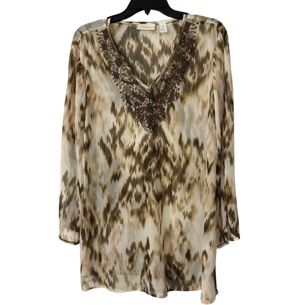 Chico’s Sheer Metal Embellishment Longline Split Sleeve Tunic Top Large Boho